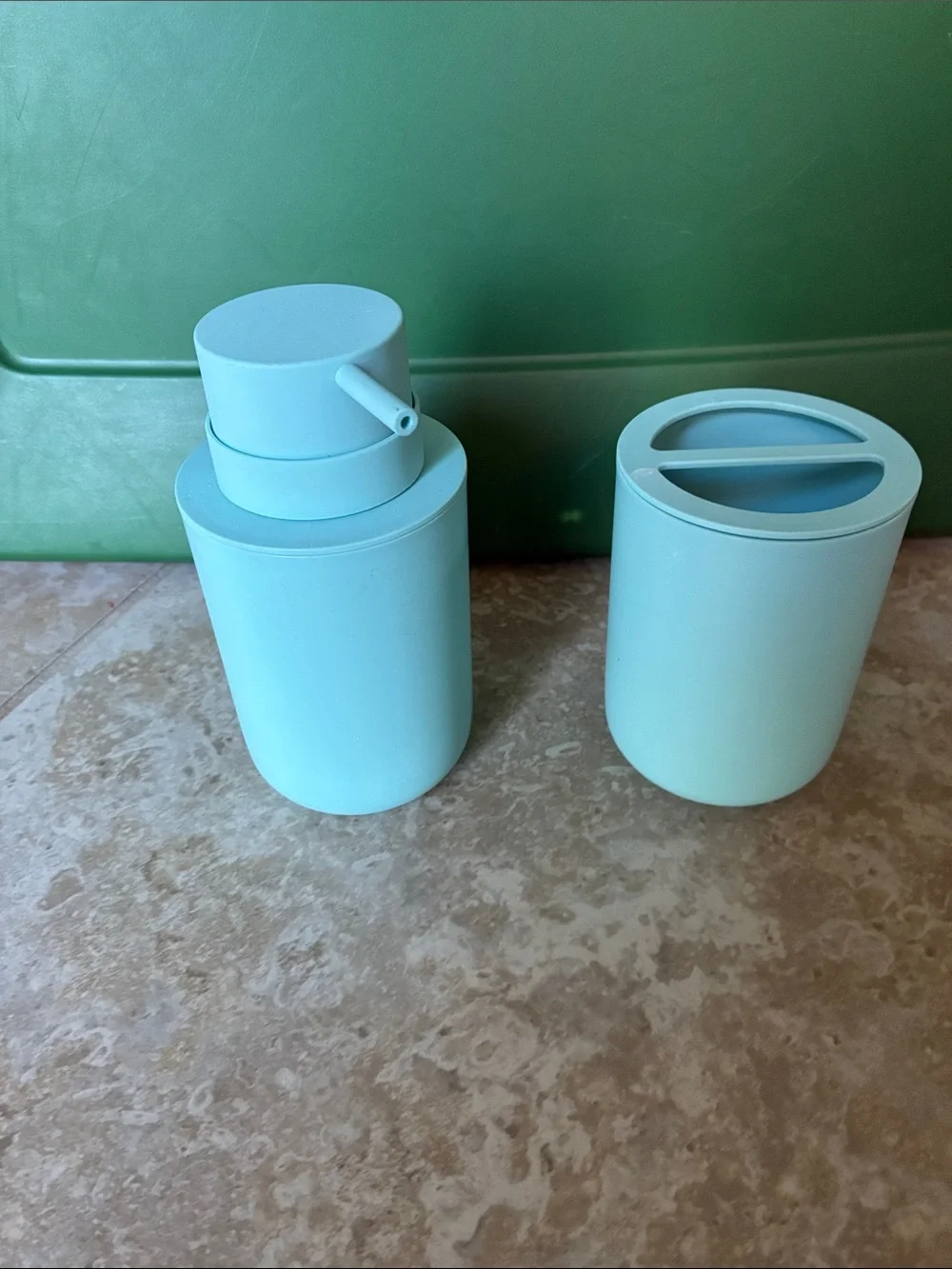 Matte Mint Bathroom Soap Dispenser and Toothbrush Holder Set